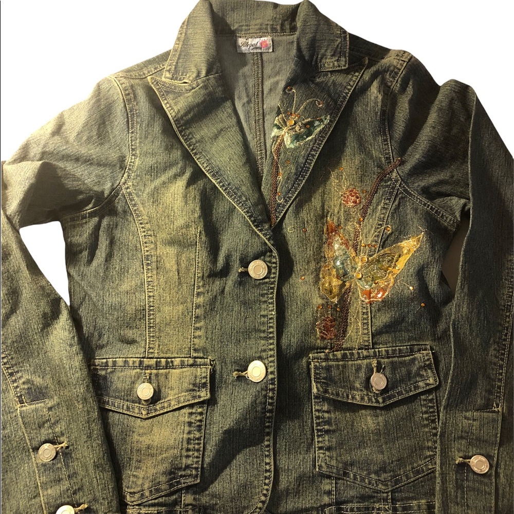 Illegal Jeans Denim Jean blazer jacket butterfly embroidered gem accents L